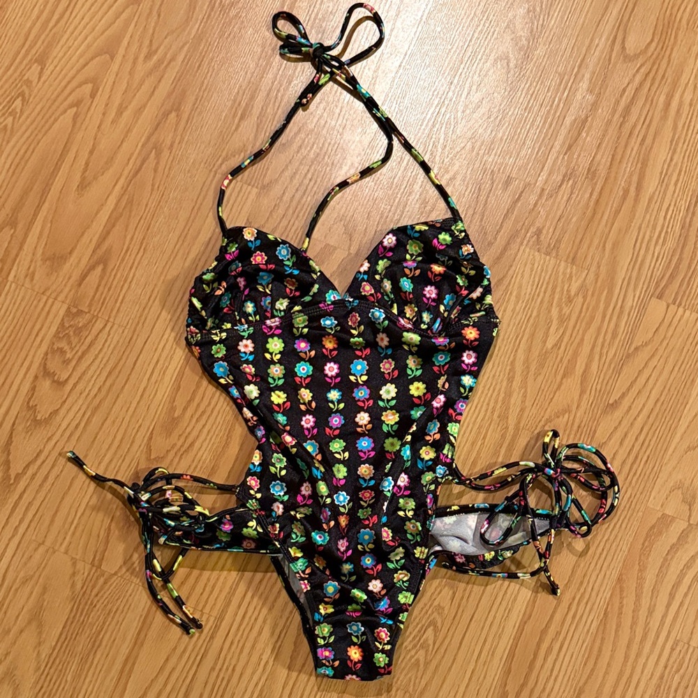 Vanessa Mooney Black Floral Halter One-Piece Swimsuit